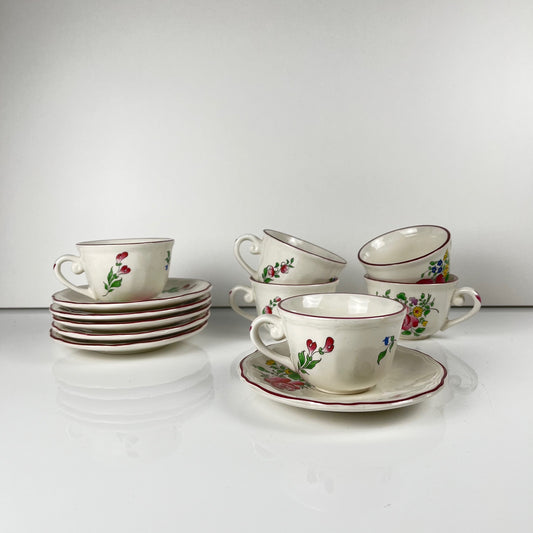 Set of 6 coffee cups with saucers, "Réverbère" pattern by KG Lunéville