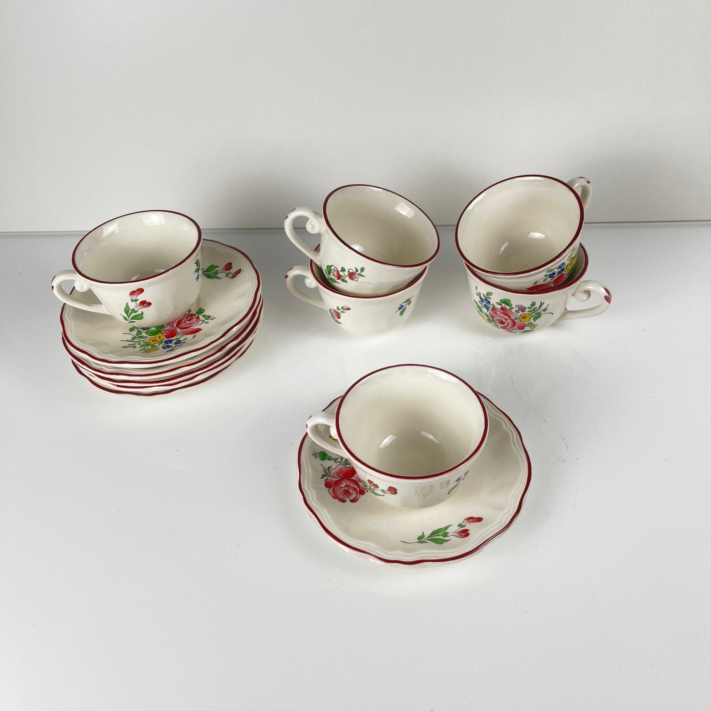 Set of 6 coffee cups with saucers, "Réverbère" pattern by KG Lunéville