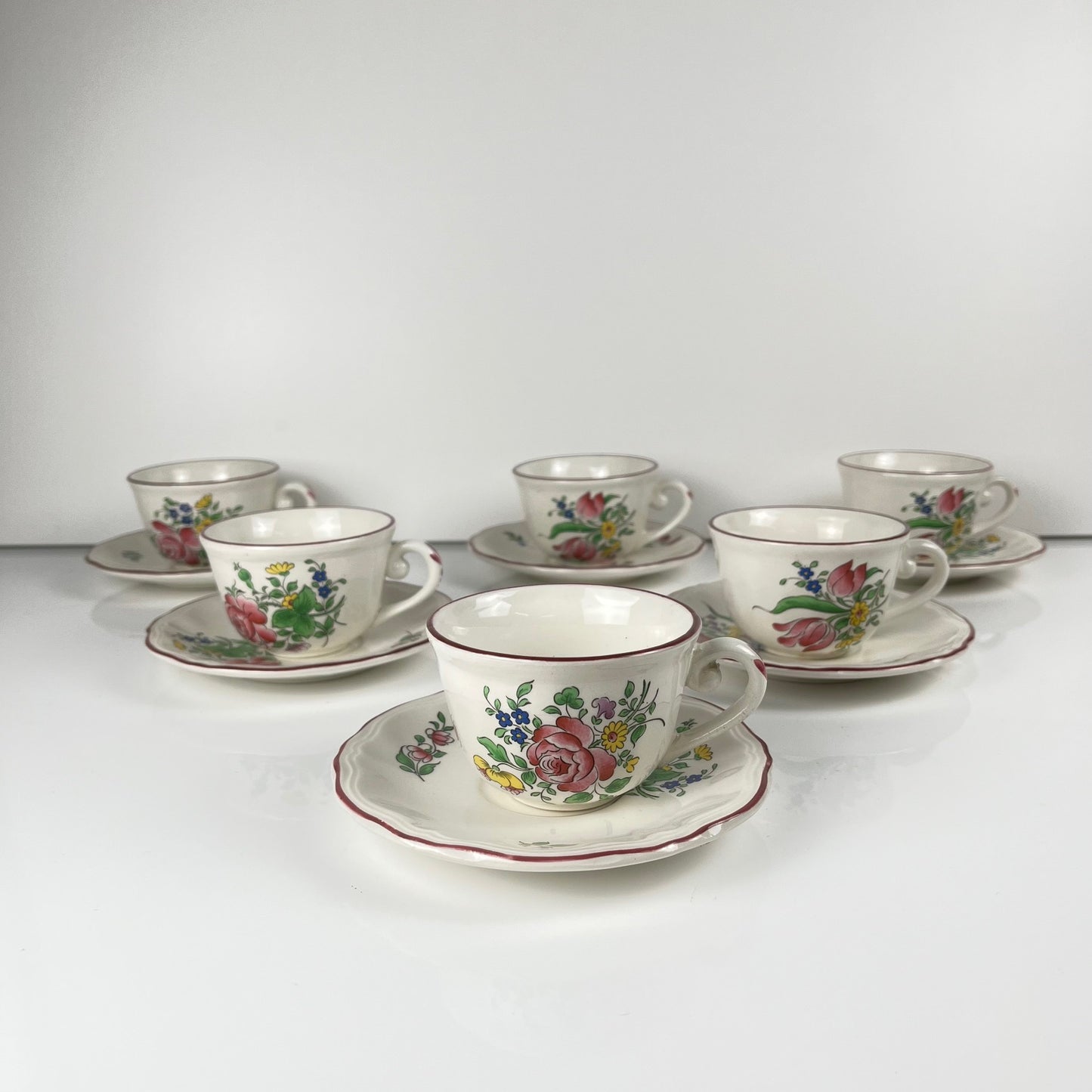Set of 6 coffee cups with saucers, "Réverbère" pattern by KG Lunéville