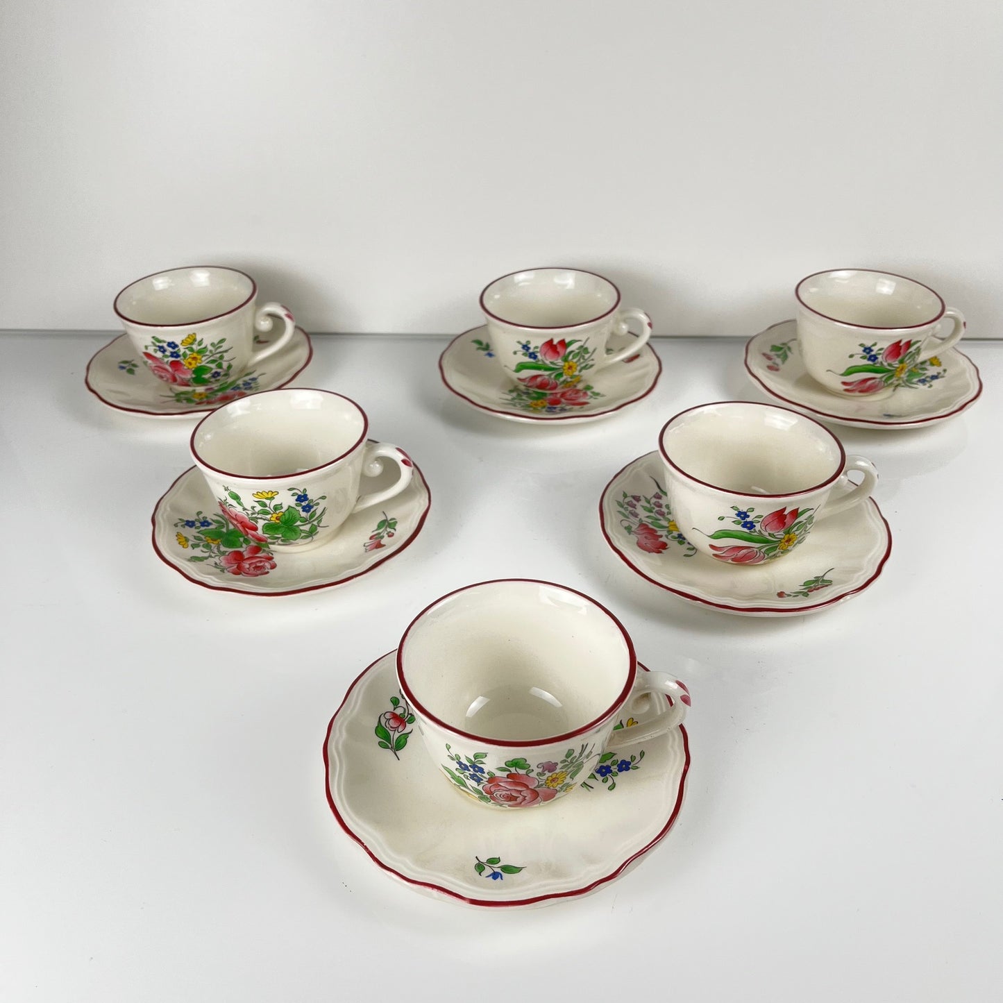 Set of 6 coffee cups with saucers, "Réverbère" pattern by KG Lunéville