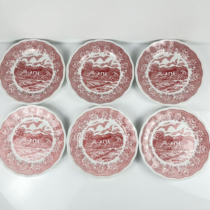 Set of 6 Italian English-style dessert plates, red pattern