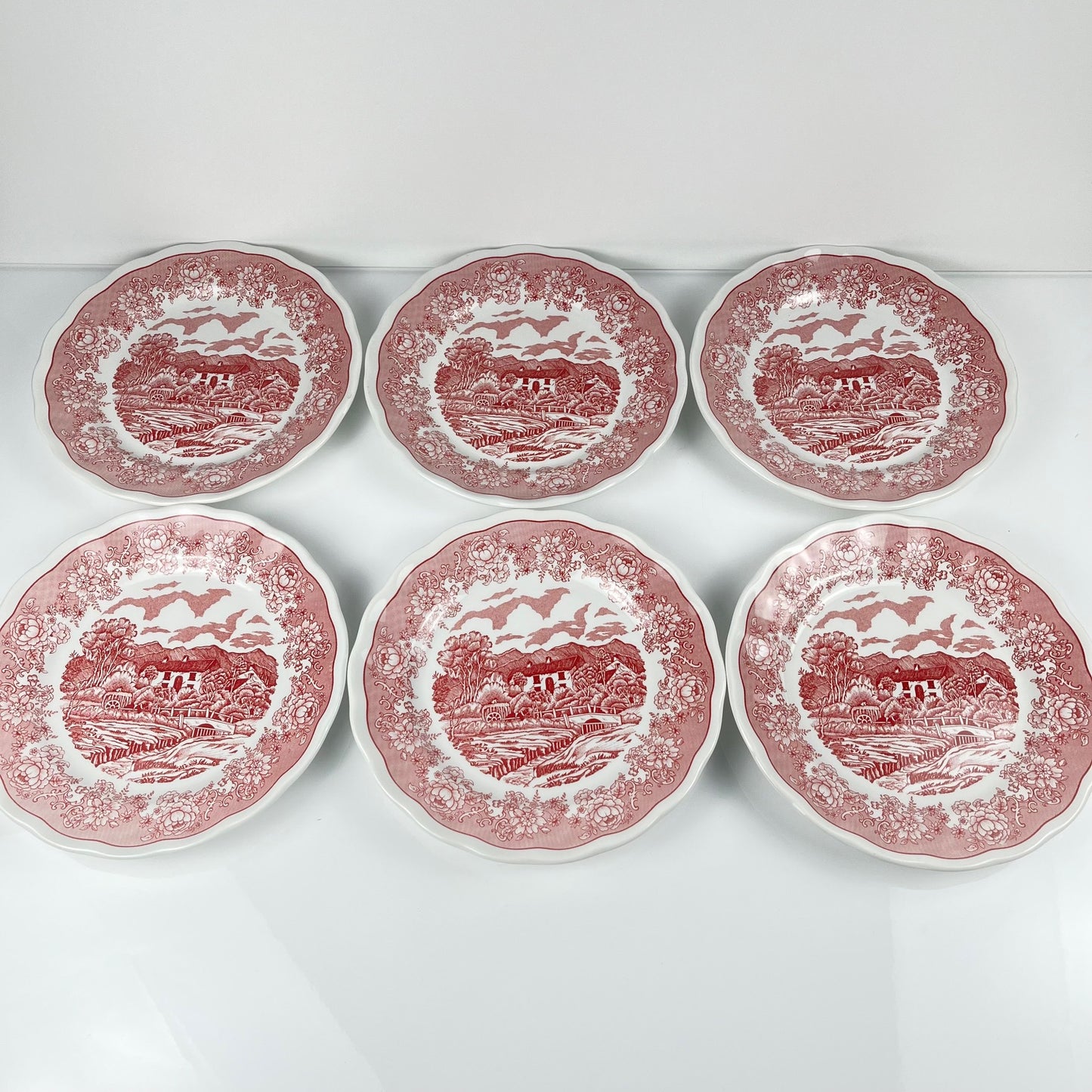 Set of 6 Italian English-style dessert plates, red pattern