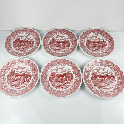 Set of 6 Italian English-style dessert plates, red pattern