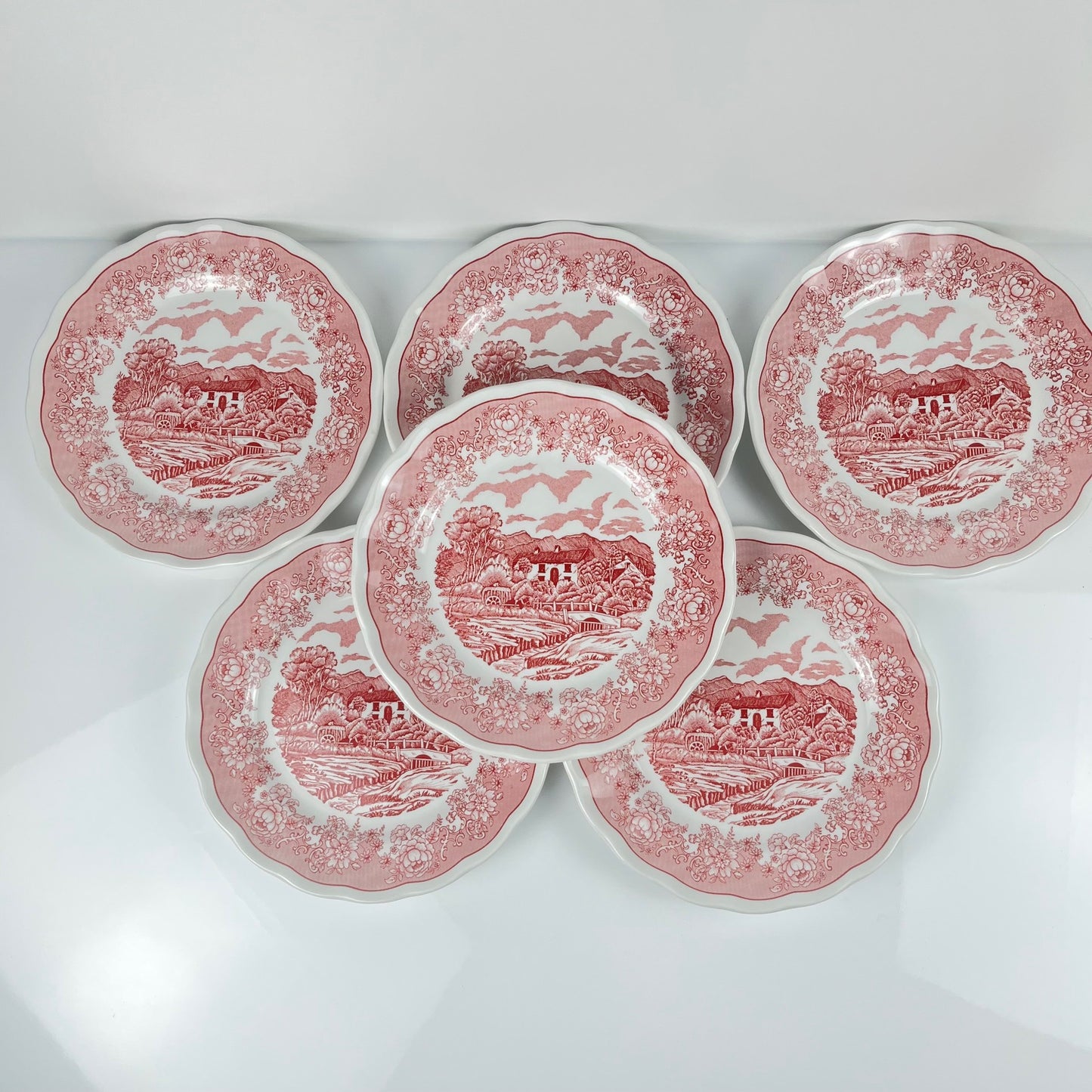 Set of 6 Italian English-style dessert plates, red pattern
