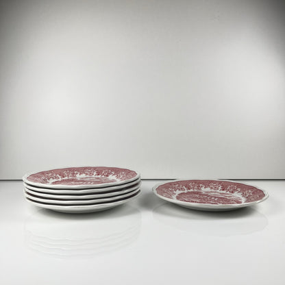 Set of 6 Italian English-style dessert plates, red pattern