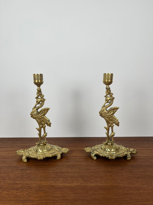 Paire de bougeoirs anciens héron laiton doré – style orientaliste Art déco