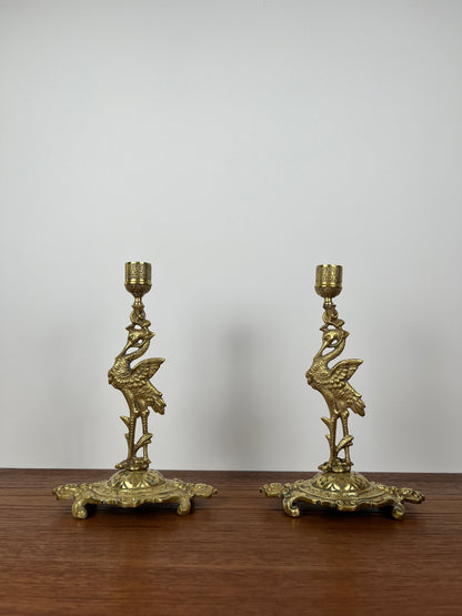 Paire de bougeoirs anciens héron laiton doré – style orientaliste Art déco