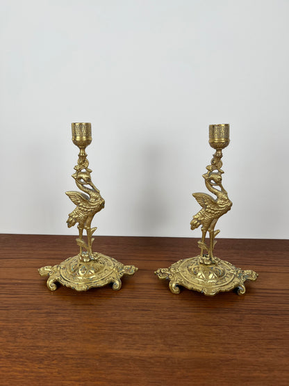 Paire de bougeoirs anciens héron laiton doré – style orientaliste Art déco