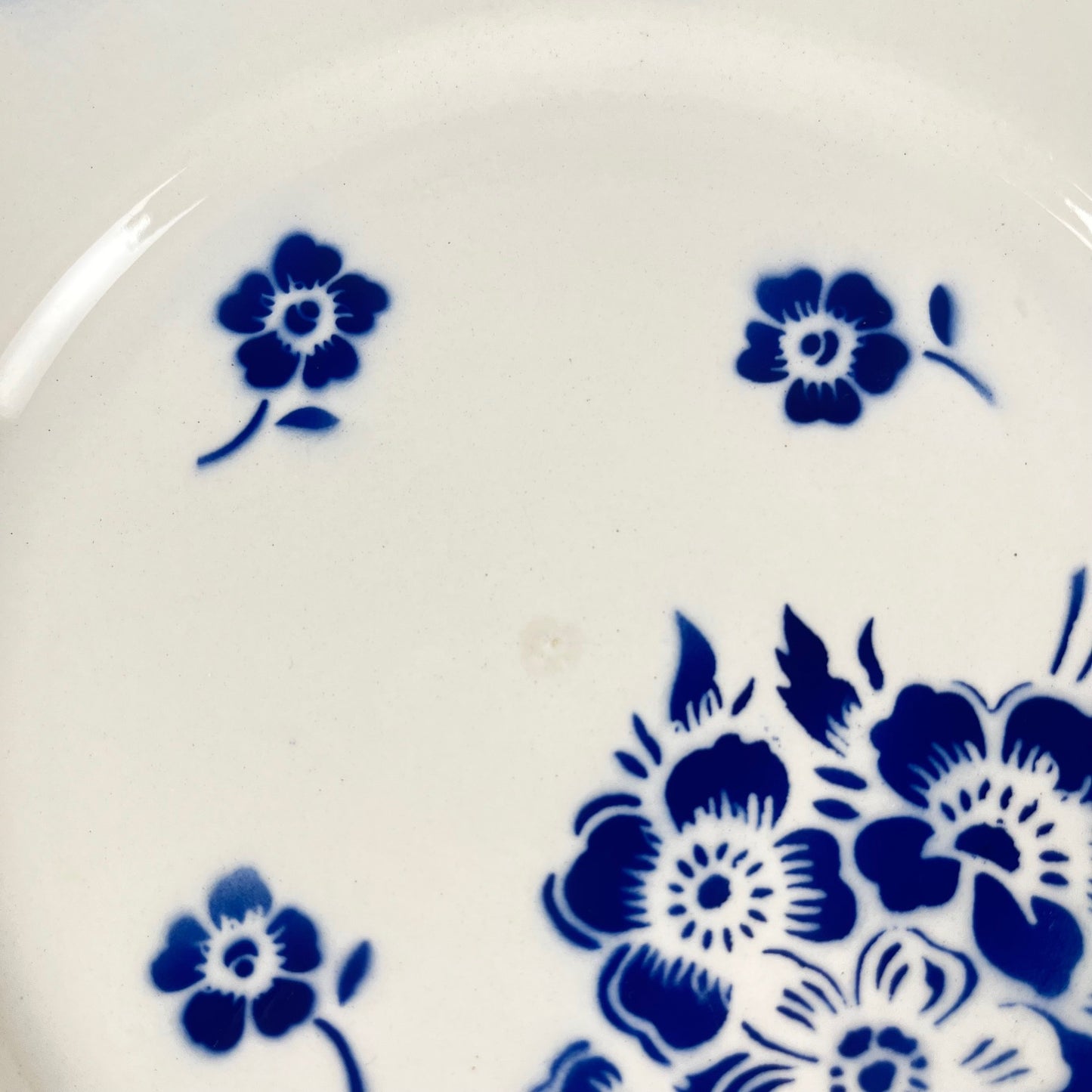 Set de 6 assiettes à dessert Demi-porcelaine Badonviller, motif fleurs bleu, début XXe