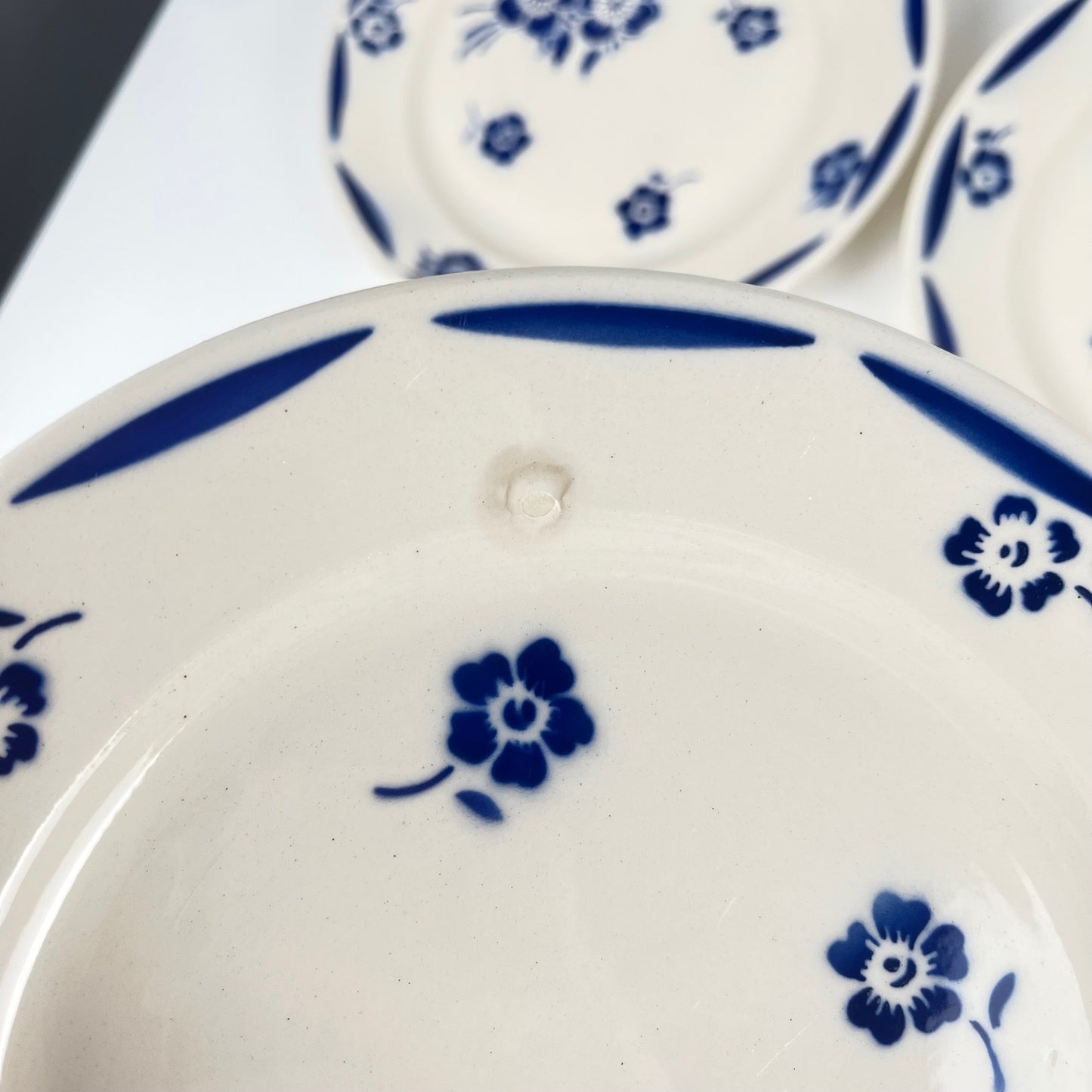 Set de 6 assiettes à dessert Demi-porcelaine Badonviller, motif fleurs bleu, début XXe