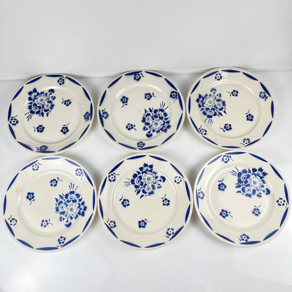 Set de 6 assiettes à dessert Demi-porcelaine Badonviller, motif fleurs bleu, début XXe