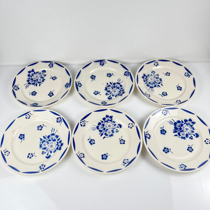 Set de 6 assiettes à dessert Demi-porcelaine Badonviller, motif fleurs bleu, début XXe