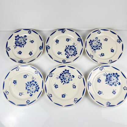 Set de 6 assiettes à dessert Demi-porcelaine Badonviller, motif fleurs bleu, début XXe