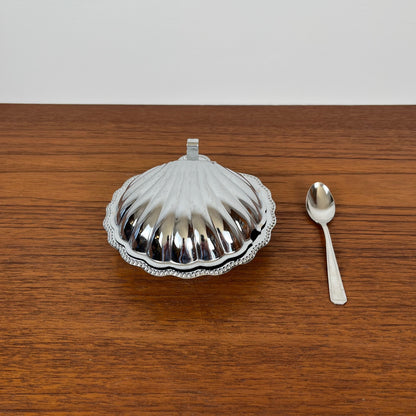 Silver-plated metal shell butter dish with blue insert, 1970