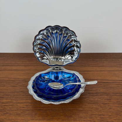 Silver-plated metal shell butter dish with blue insert, 1970