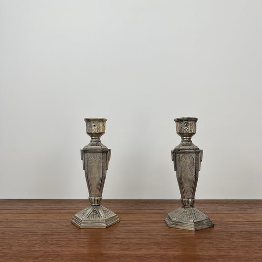 Pair of art deco silver-plated metal candlesticks, France