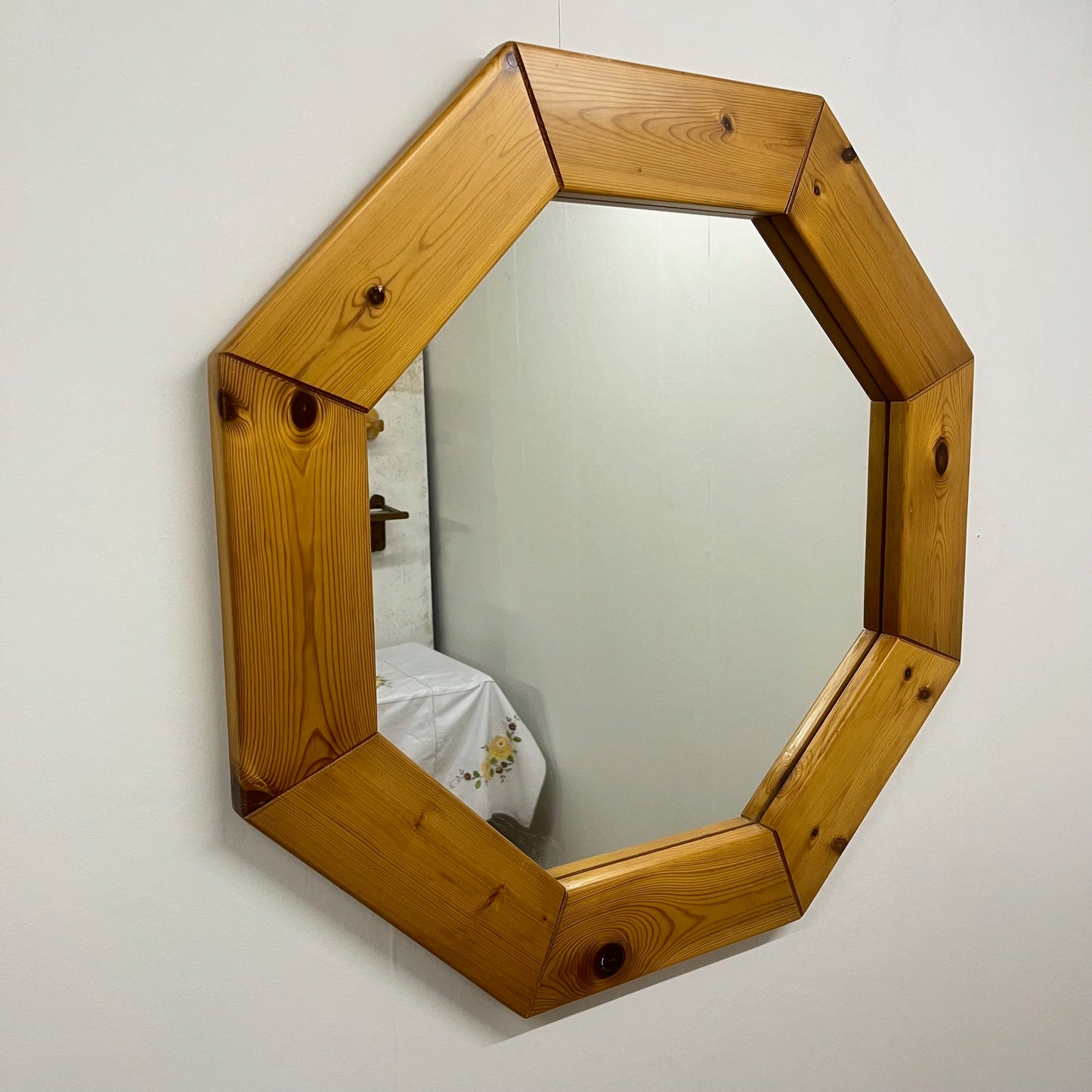 Large octagonal pine mirror, Scandinavian, 1980s