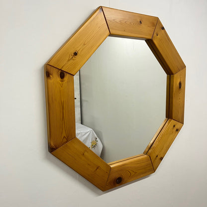Large octagonal pine mirror, Scandinavian, 1980s