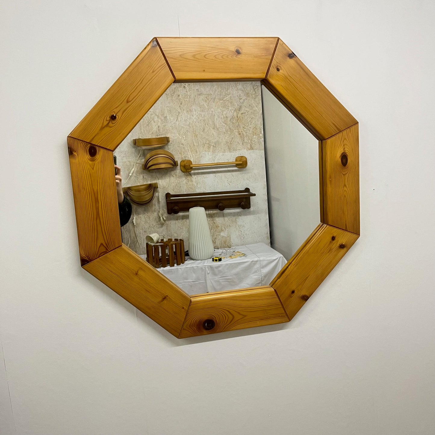 Large octagonal pine mirror, Scandinavian, 1980s