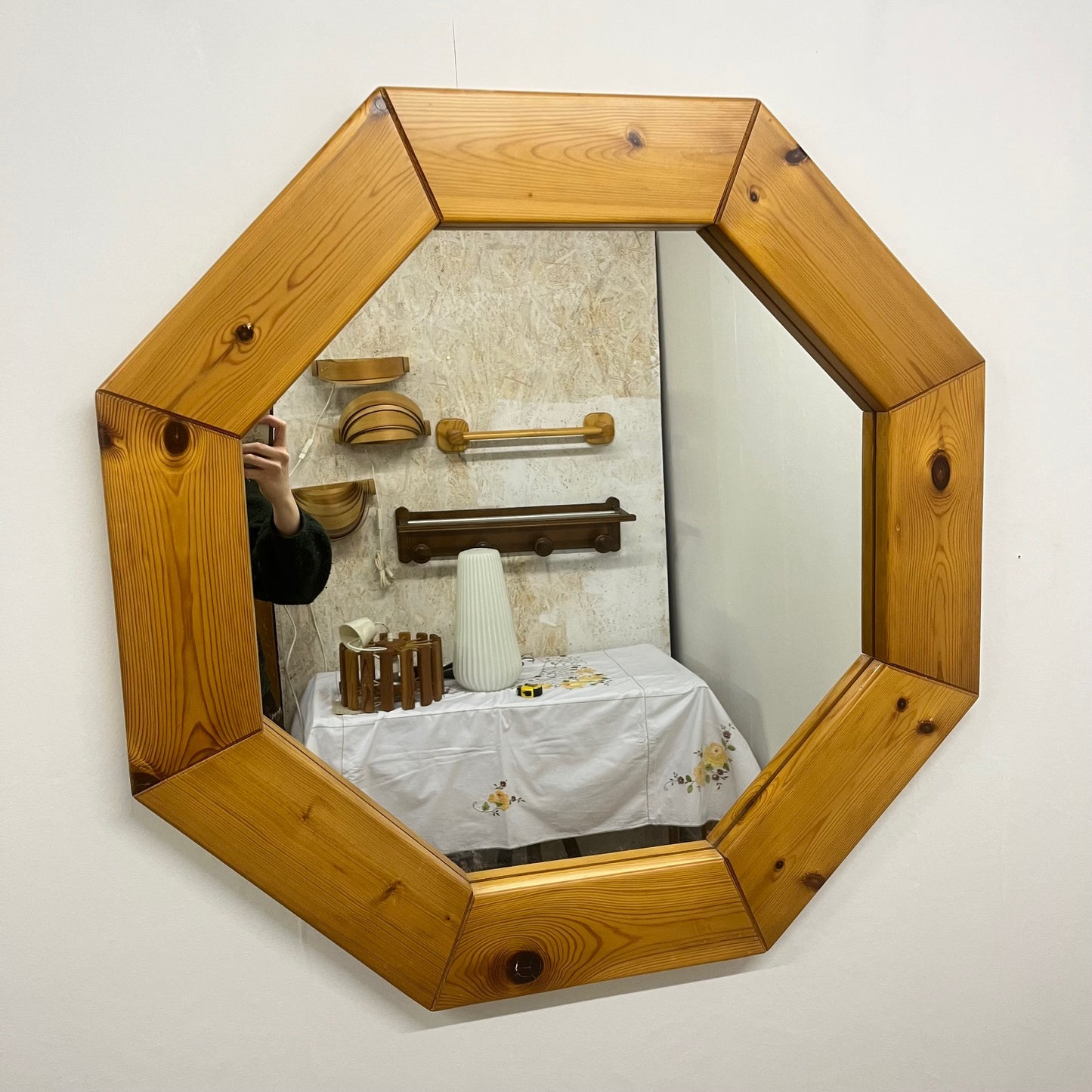 Large octagonal pine mirror, Scandinavian, 1980s