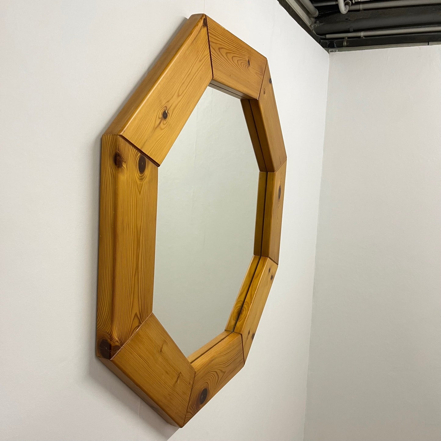 Large octagonal pine mirror, Scandinavian, 1980s