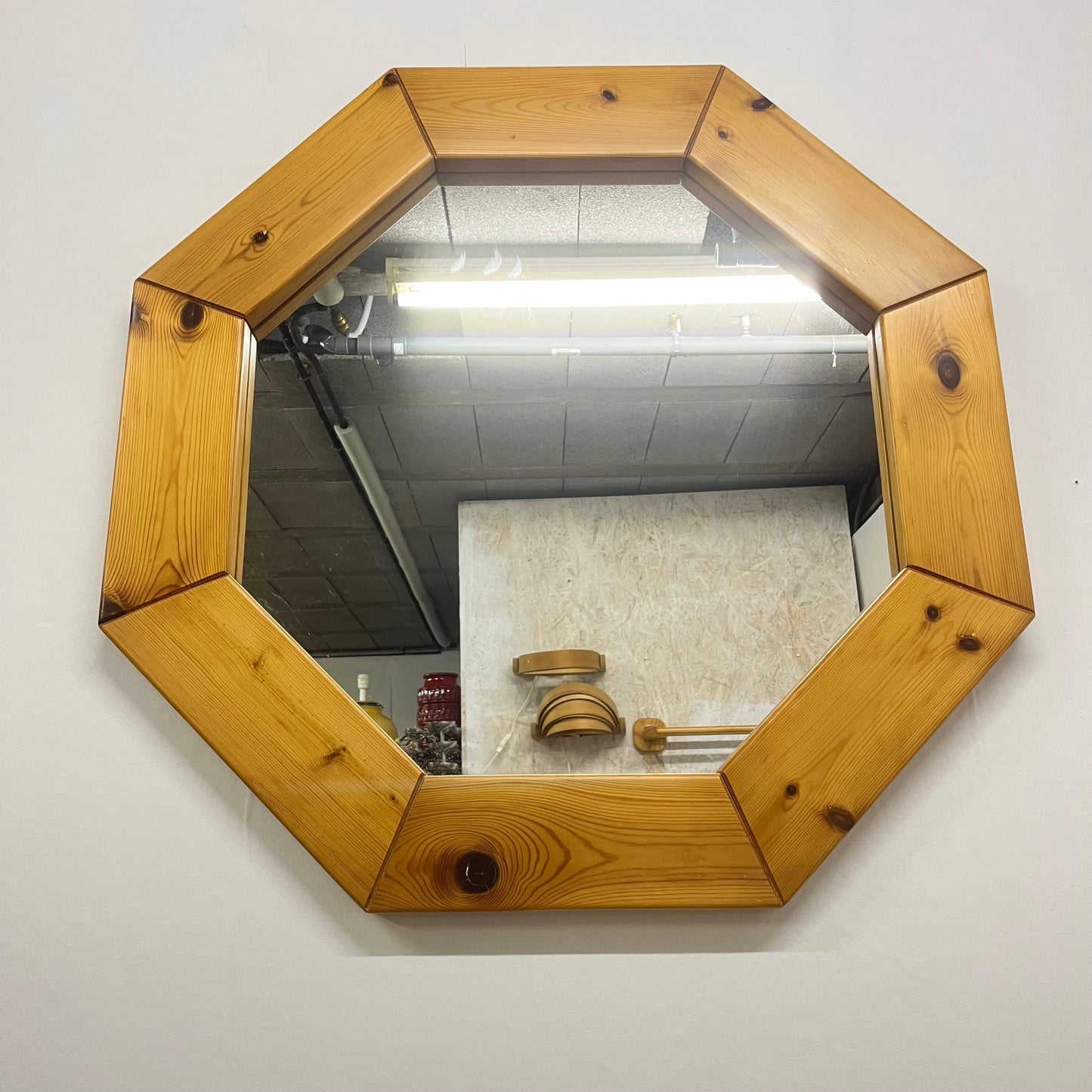 Large octagonal pine mirror, Scandinavian, 1980s