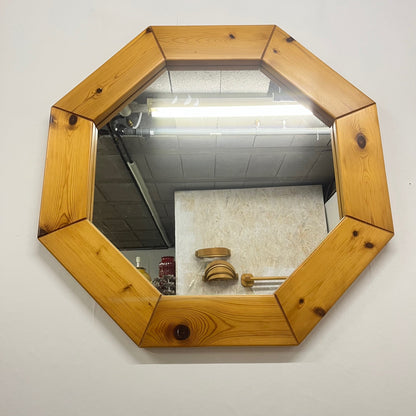 Large octagonal pine mirror, Scandinavian, 1980s