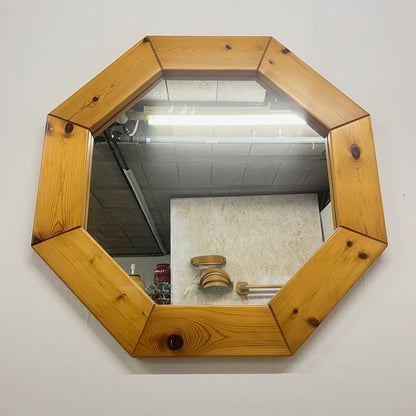 Large octagonal pine mirror, Scandinavian, 1980s