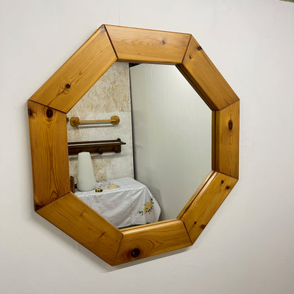 Large octagonal pine mirror, Scandinavian, 1980s