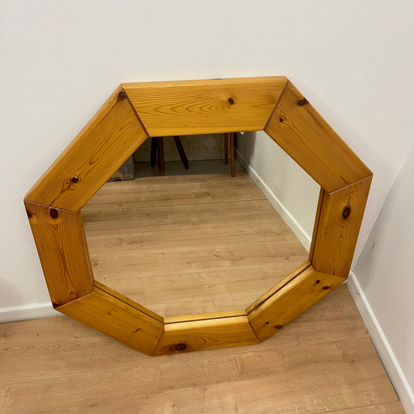 Large octagonal pine mirror, Scandinavian, 1980s