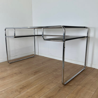 Bureau style Bauhaus en acier tubulaire et plateau en bois laqué noir, 1980