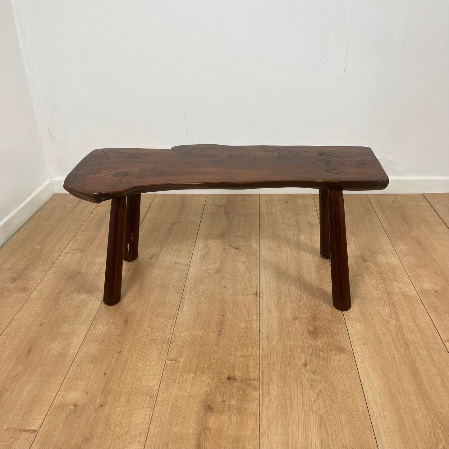 Rustic solid elm bench, wabi-sabi style, Mid-20th century.