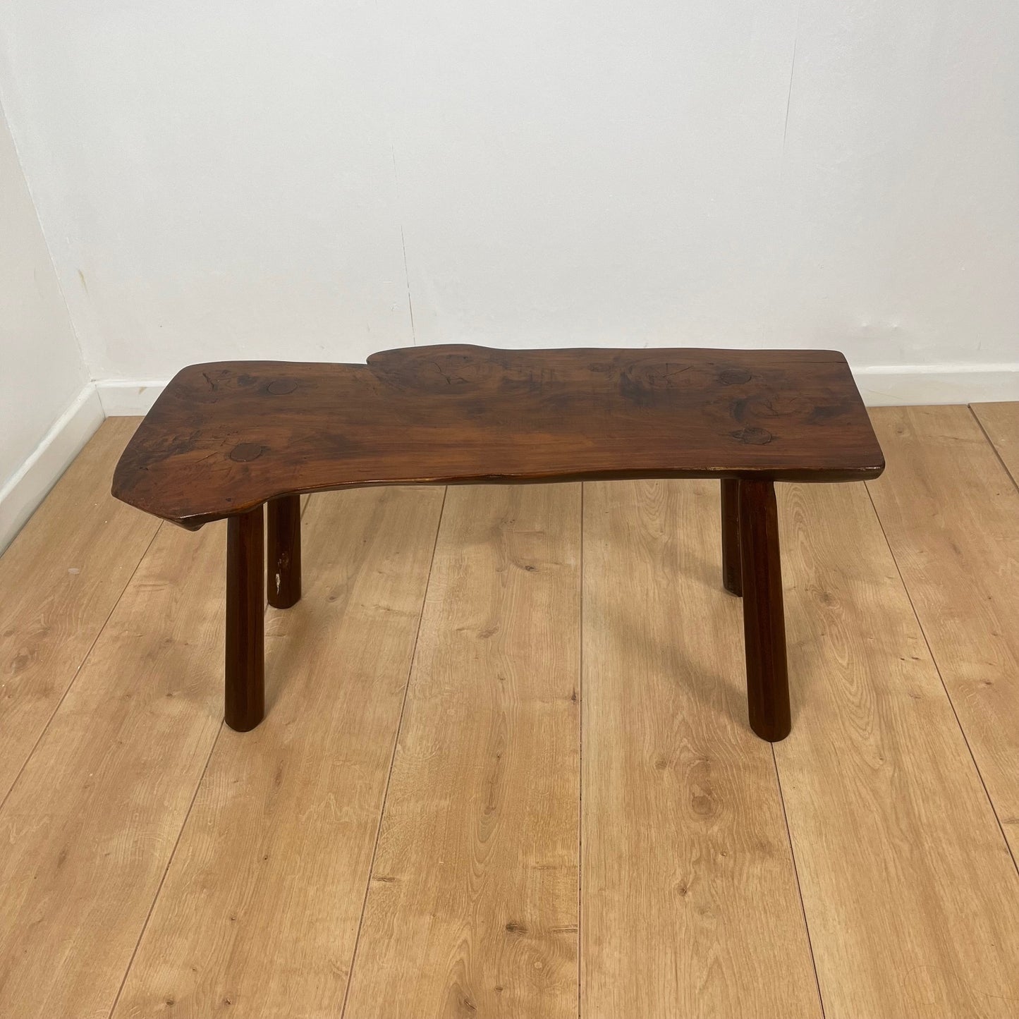 Rustic solid elm bench, wabi-sabi style, Mid-20th century.