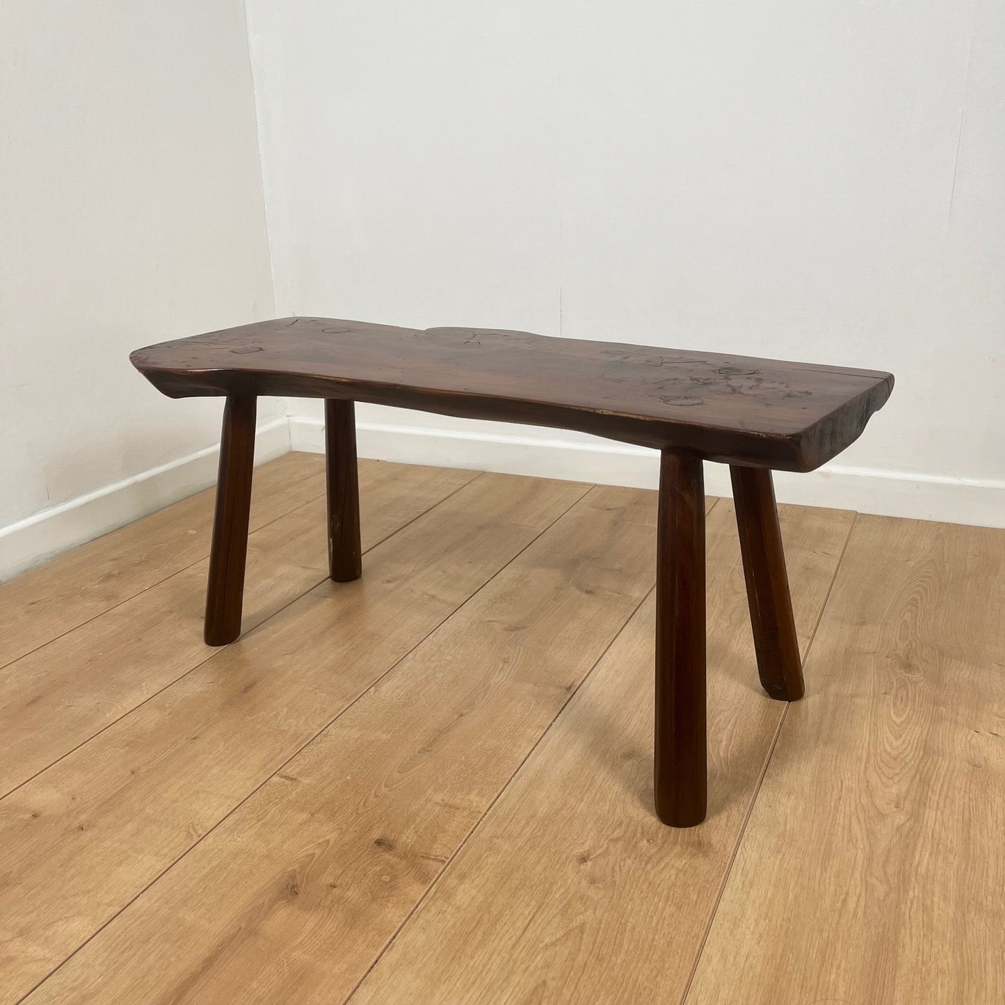 Rustic solid elm bench, wabi-sabi style, Mid-20th century.