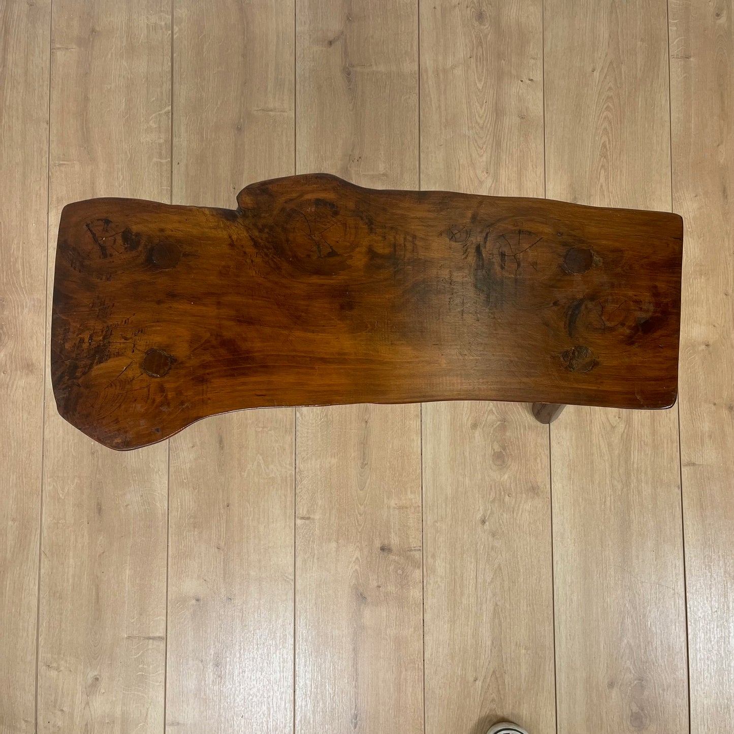 Rustic solid elm bench, wabi-sabi style, Mid-20th century.