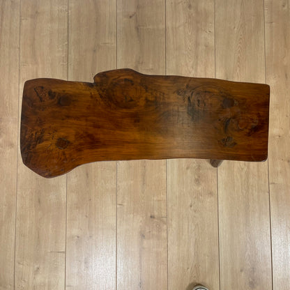 Rustic solid elm bench, wabi-sabi style, Mid-20th century.