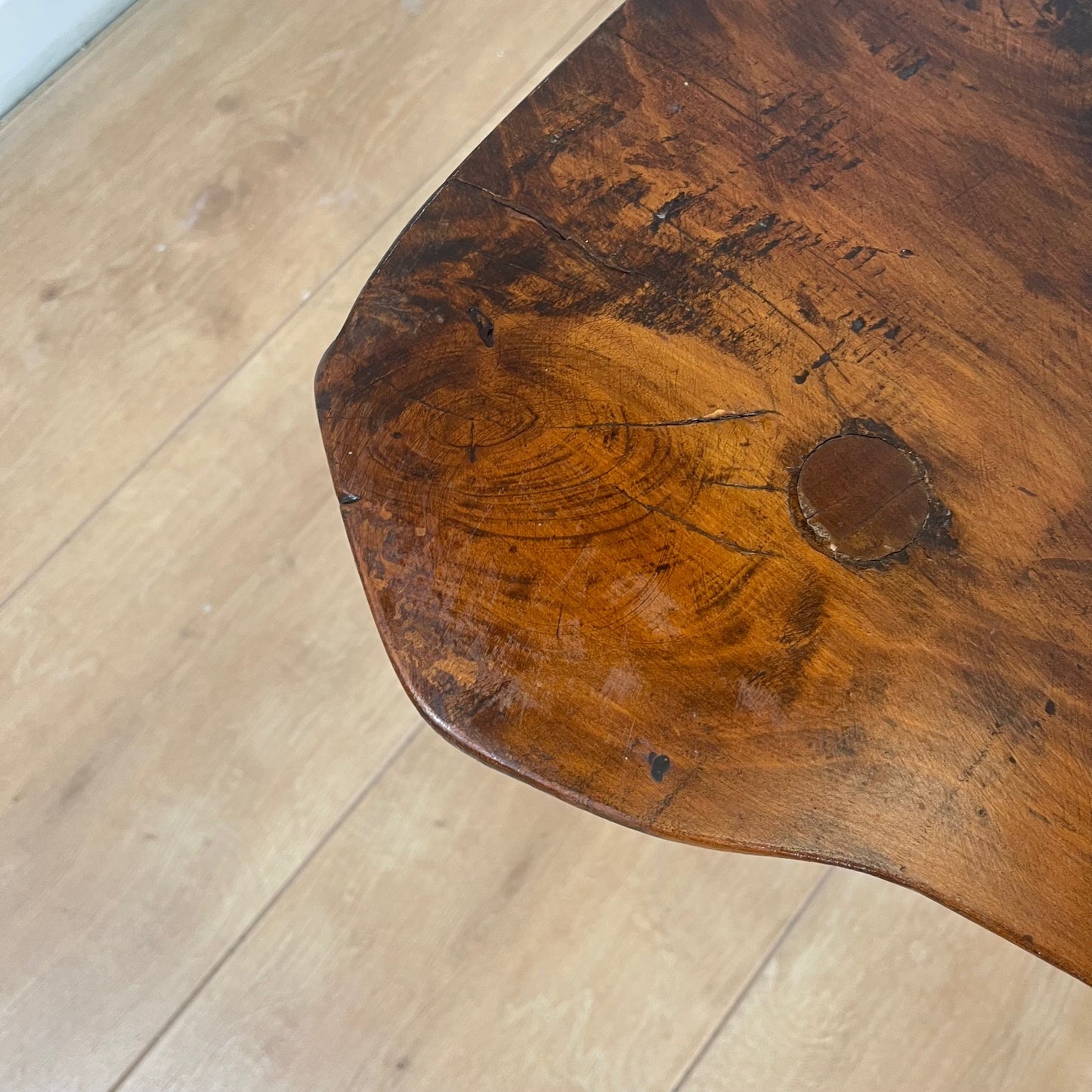 Rustic solid elm bench, wabi-sabi style, Mid-20th century.