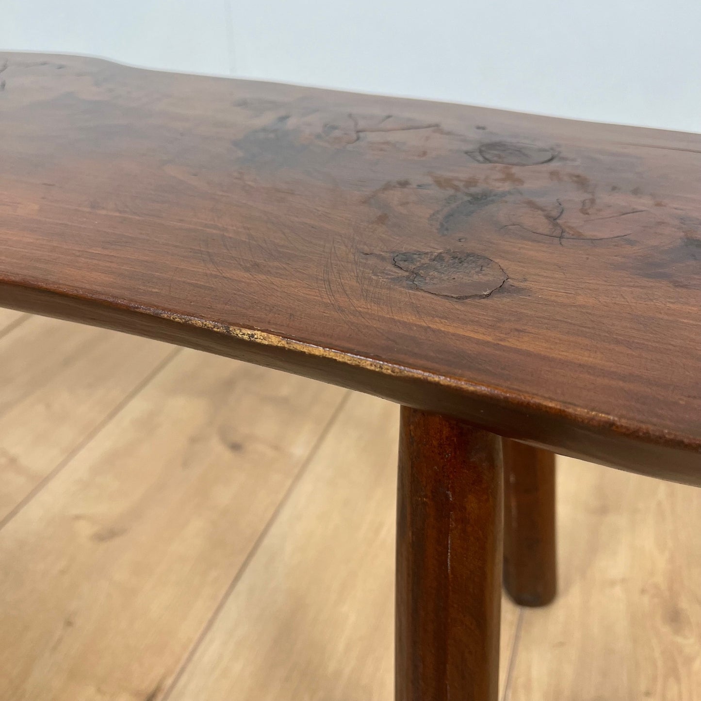 Rustic solid elm bench, wabi-sabi style, Mid-20th century.