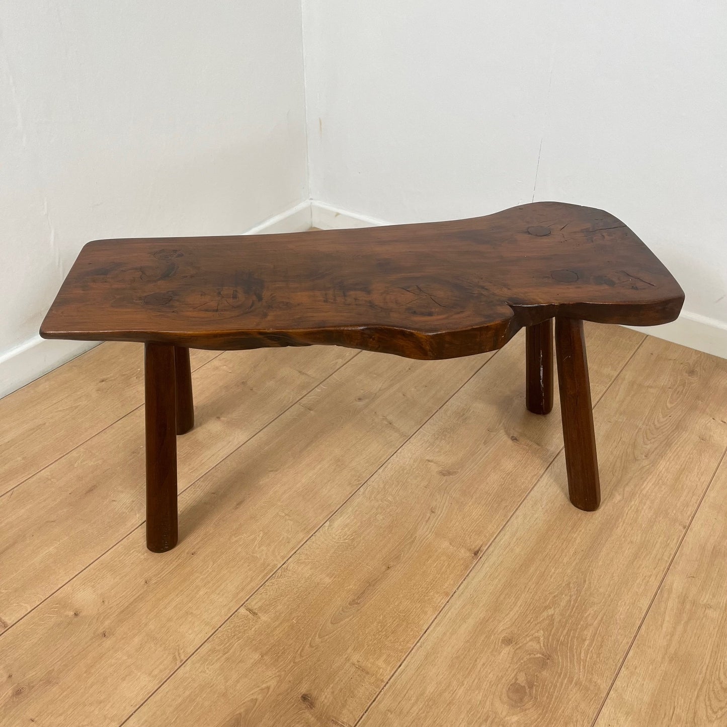 Rustic solid elm bench, wabi-sabi style, Mid-20th century.