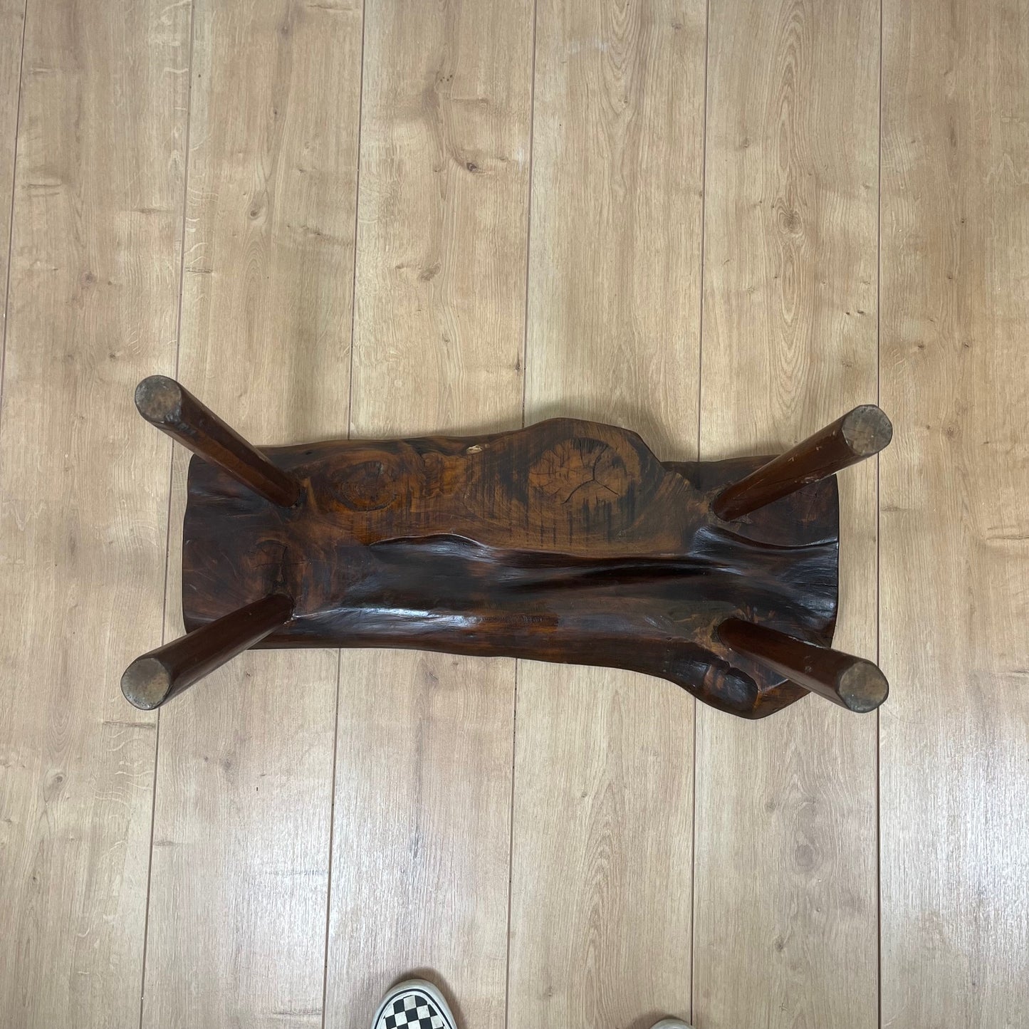 Rustic solid elm bench, wabi-sabi style, Mid-20th century.