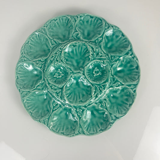 Large Gien oyster platter, barbotine, turquoise, 1960s-70s