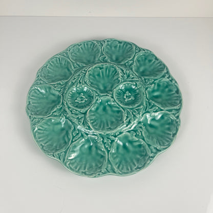 Grand Plat à huitre Gien, barbotine, turquoise, 1960-70