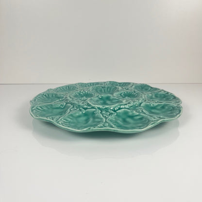 Grand Plat à huitre Gien, barbotine, turquoise, 1960-70
