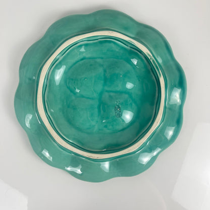 Grand Plat à huitre Gien, barbotine, turquoise, 1960-70