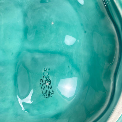 Grand Plat à huitre Gien, barbotine, turquoise, 1960-70