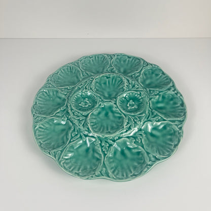 Grand Plat à huitre Gien, barbotine, turquoise, 1960-70