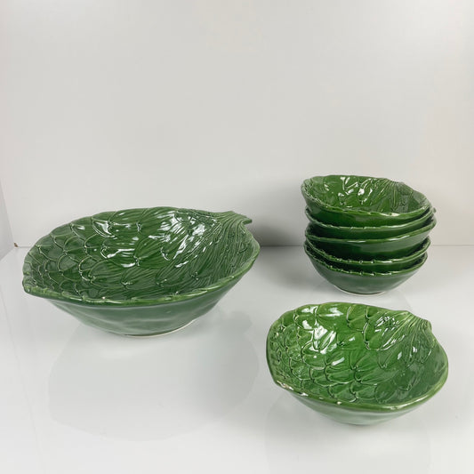 Vintage artichoke leaf green babotine salad set: salad bowl + 6 bowls, 70s