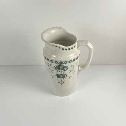 Antique earthenware pitcher, green floral decor, ironstone late 19th - early 20th century