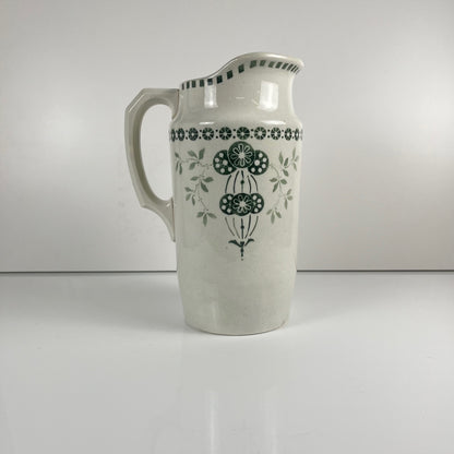 Antique earthenware pitcher, green floral decor, ironstone late 19th - early 20th century