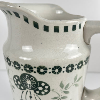 Antique earthenware pitcher, green floral decor, ironstone late 19th - early 20th century